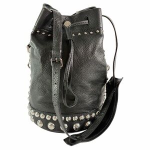 KENZO Black Leather Drawstring Closure Studded Bucket Shoulder Bag
